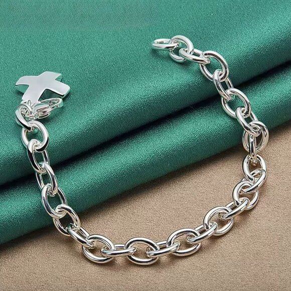 Sterling Silver 925 Smooth Cross Charm and Chain Bracelet #1128 - Picture 11 of 12